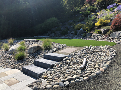 Gig Harbor, WA, - Residential Yard Landscaping Project With Outdoor Fire Pit Slope and Erosion Control, Outdoor Fire Pit, Concrete Pathway Install, Custom Stairs, Outdoor Patio, Hardscaping, Landscape Construction & Installation, Planting, Rock Placement, Grass, Shrubs and Bushes,